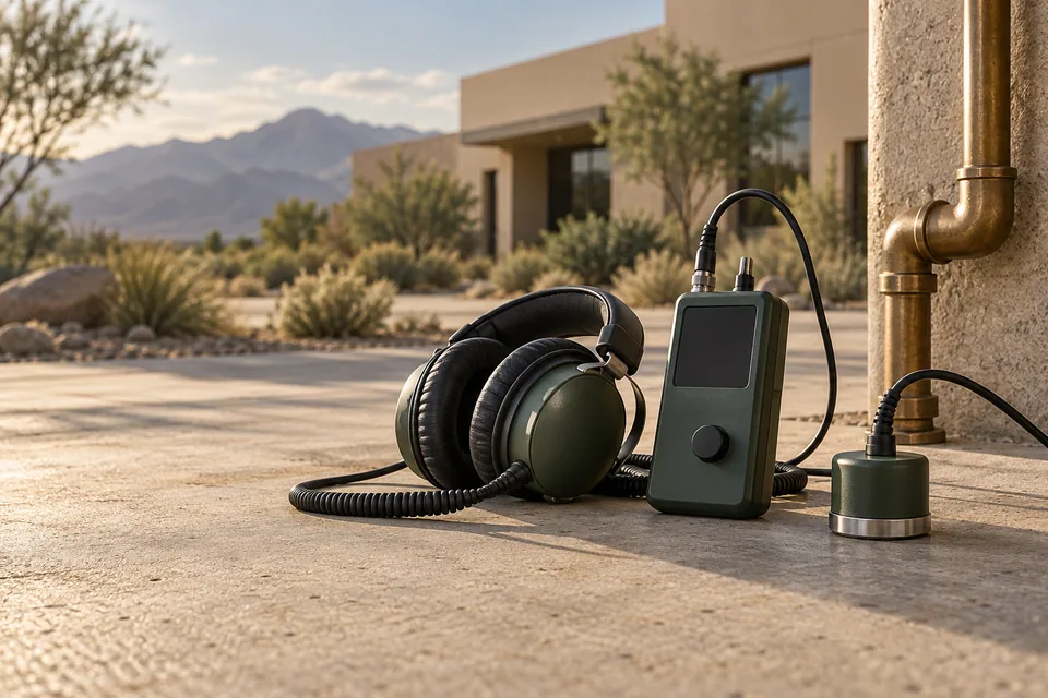 Conceptual acoustic leak-listening equipment beside a water pipe in a desert commercial setting